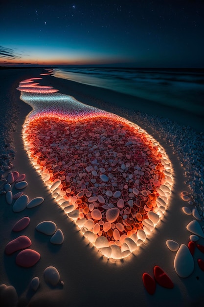 Serce wykonane z kamyków na plaży w nocy generatywne ai