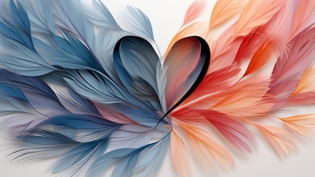 Zdjęcie serce wykonane z kolorowych piór na białym tle