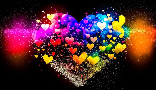 Zdjęcie serce wykonane z kolorowych serc na czarnym tle z błyszczącymi generatywna sztuczna inteligencja