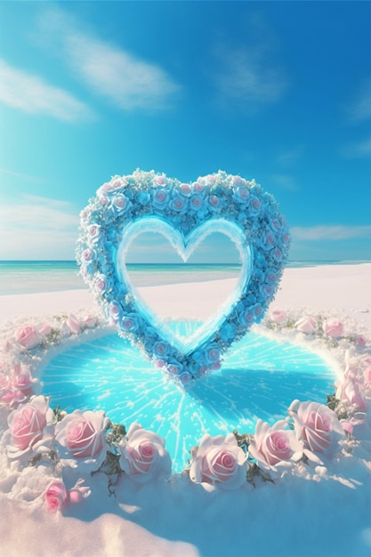 Serce wykonane z kwiatów na plaży Generative Ai