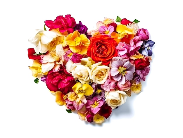 Serce wykonane z pięknych kwiatów na jasnym tle Bukiet kwiatów w kształcie serca Ai generatywny