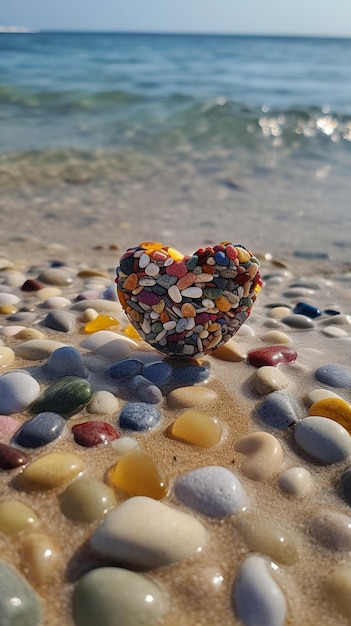 Zdjęcie serce wykonane z potłuczonego plastiku otoczone jest kamykami i kamyczkami.