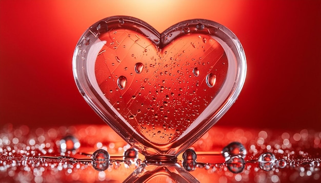 Zdjęcie serce wykonane z przezroczystego szkła z kropelami wody na czerwonym tle miłość i romantyczna koncepcja