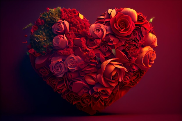 Serce wykonane z róż na czerwonym tle Generacyjna sztuczna inteligencja