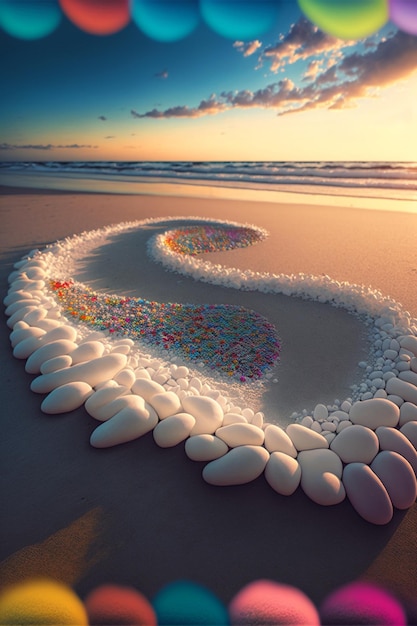 Serce wykonane ze skał na plaży o zachodzie słońca generatywne ai
