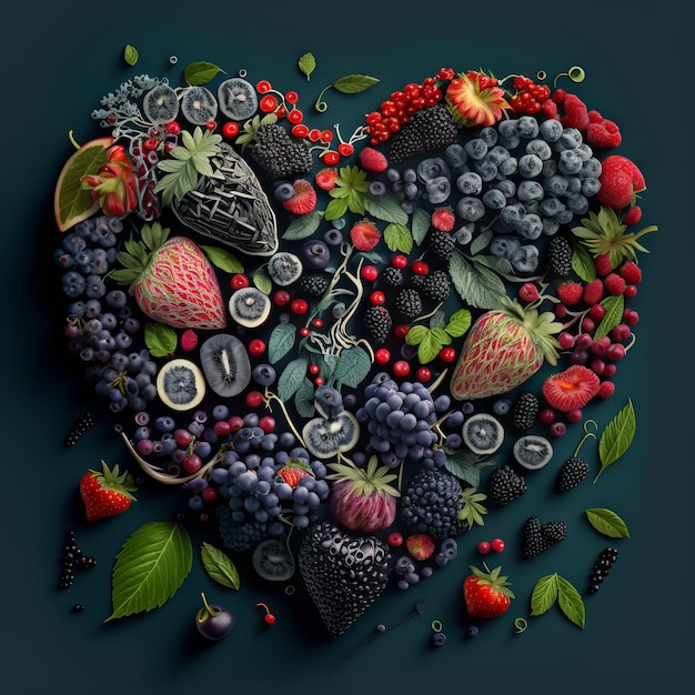 Serce wykonane ze świeżych jagód i liści na ciemnozielonym tle widok z góry Generative AI