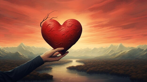 Zdjęcie serce z czerwonego serca w środku dłoni mężczyzny