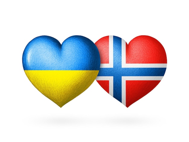 Serce z dwoma flagami Flagi Ukrainy i Norwegii Dwa serca w kolorach flag