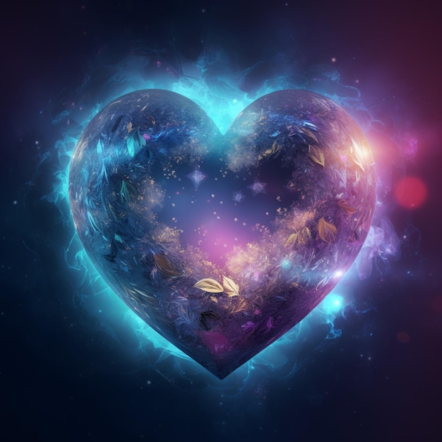 Serce z fioletowym i niebieskim tłem i napisem miłość.