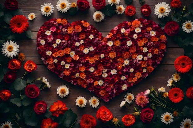 Serce z kwiatów i serce z słowami "miłość" na drewnianym tle.