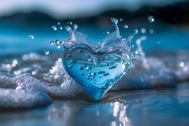 Serce zrobione z rozprysków wody na tle morza koncepcja miłości