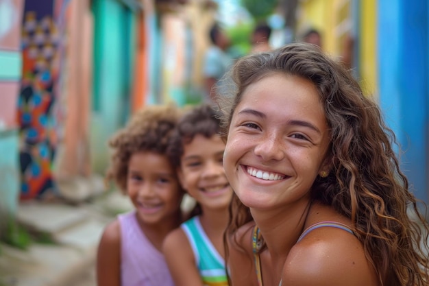 Zdjęcie serdeczne zbliżenie wesołej młodej kobiety uśmiechającej się z dziećmi w tle na tętniącej życiem ulicy