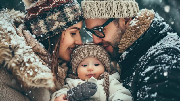 Zdjęcie serdeczny obraz mężczyzny i kobiety kochających swoje dziecko w śnieżnym krajobrazie doskonały do zilustrowania radości i piękna rodzinnych chwil