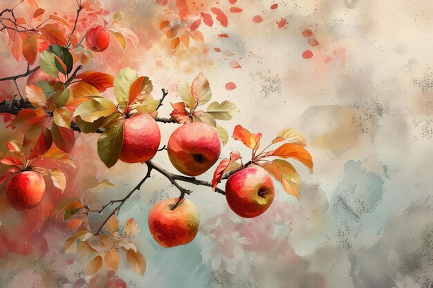 Serene apple branch artwork cyfrowy akwarel malowanie miękkie odcienie kreatywne tło idealne dla sztuki ściennej i dekoracji AI