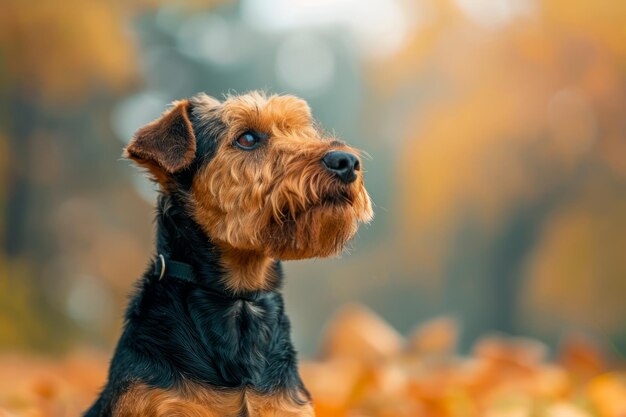 Serene Autumn Dog Portrait CloseUp Welsh Terrier Puppy z żywym jesienią liściem na tle