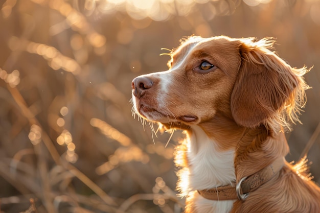 Serene Brown and White Dog w Golden Hour Sunshine z naturalnym tłem Pet Tranquility Concept