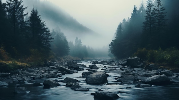 Serene Glen Postapokaliptyczna rzeka leśna w delikatnym, mglistym romantyzmie