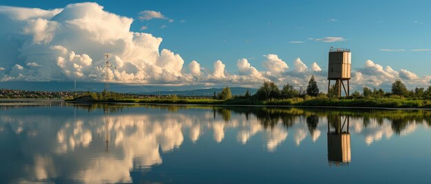 Serene Lake Reflection z horyzontem i wieżą wodną