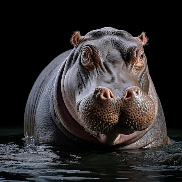 Serene stawia czoła fascynującemu zdjęciu z studia z wpatrującym się hipopotamem