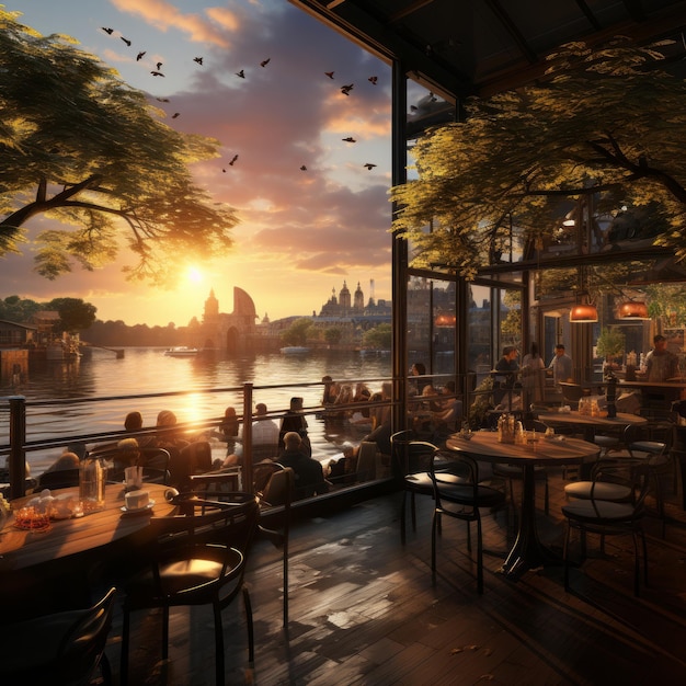 Serenity by the Lake Fotorealistyczny render 4K Octane ludzi smakujących kawę w romantycznym