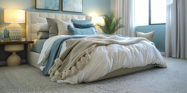 Zdjęcie serenity by the sea przybrzeżna sypialnia z pastelowymi odcieniami i pluszowym komfortem koncepcja dekoracji przybrzeżnej spokojny sypialni pastelowe kolory pluszowy komfort nadmorskie motyw