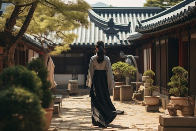 Serenity Explored Asian Woman w Hanbok na Temple Courtyard