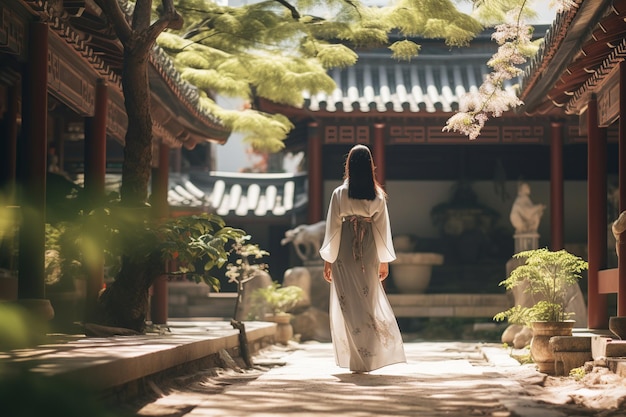 Serenity Explored Asian Woman w Hanbok na Temple Courtyard