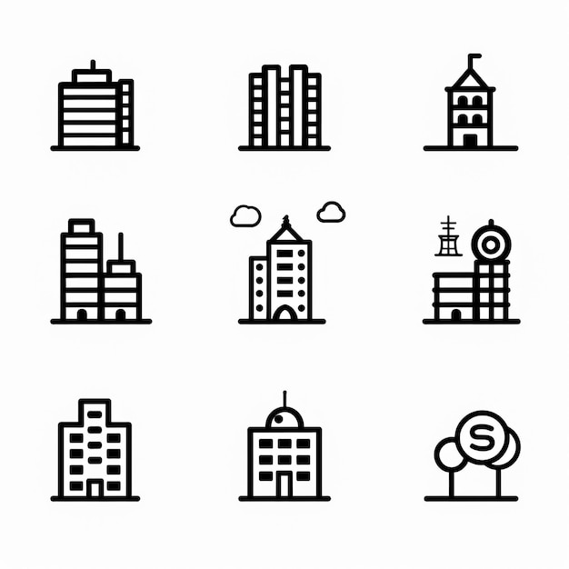 seria czarnych i białych ikon budynków, z których jeden ma zegar