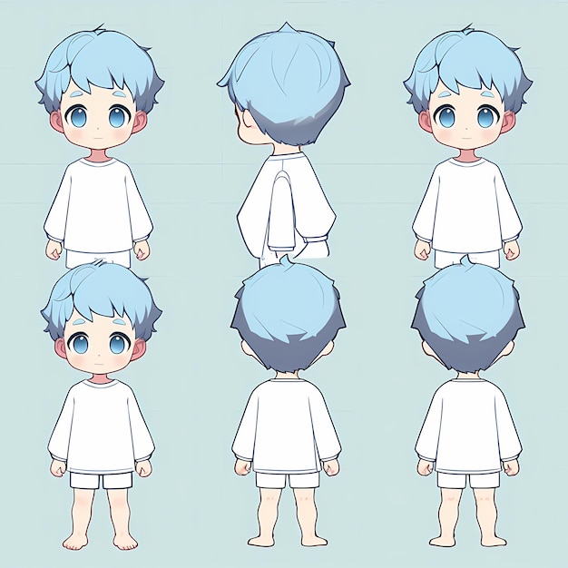 seria czterech różnych obrazów małego chłopca z niebieskimi włosami.