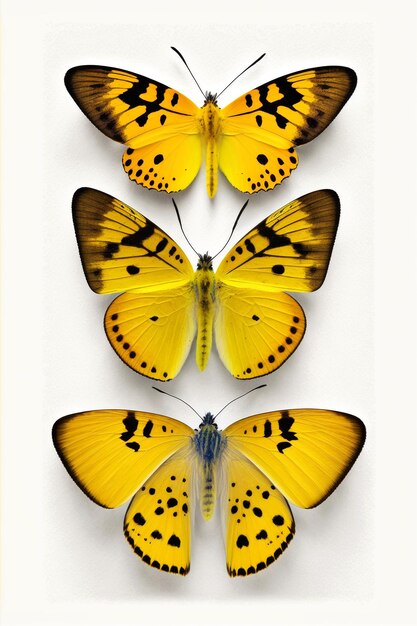 Seria motyli z żółtymi znaczeniami w lewym górnym rogu.