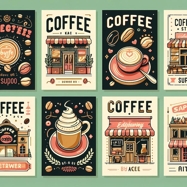 Zdjęcie seria plakatów dla kawiarni, w tym pocztówki do kawiarni