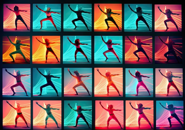Seria sekwencyjnych ujęć uchwycających płynne ruchy tancerza podczas ćwiczeń aerobowych