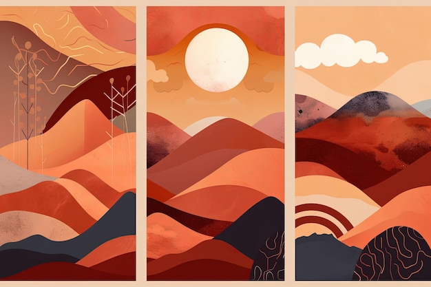 Seria trzech obrazów przedstawiających góry i drzewa generatywne AI