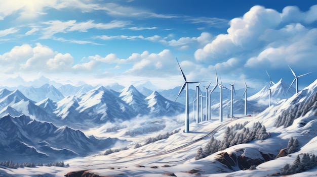 Seria turbin wiatrowych na ośnieżonym grzbiecie górskim Stworzony przy użyciu technologii Generative AI