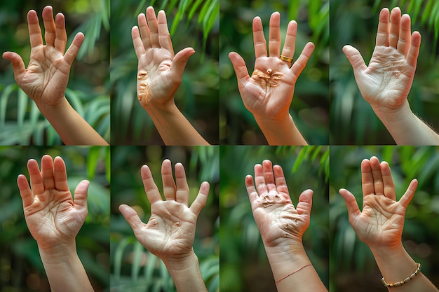 Seria zdjęć rąk z różnymi gestami i gestami z pająkiem na palcach i