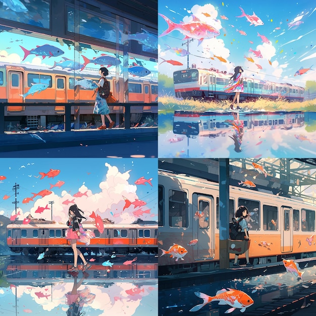 Seria zdjęć z kobietą idącą obok pociągu i pływającą w wodzie rybą.