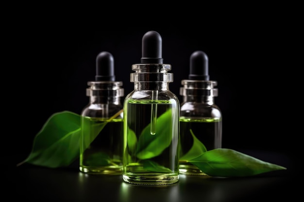 Serum kosmetyczne w szklanych butelkach z zielonymi liśćmi