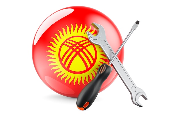 Serwis i naprawa w Kirgistanie koncepcja skrzydełka i klucz z flagą Kirgistanu rendering 3D