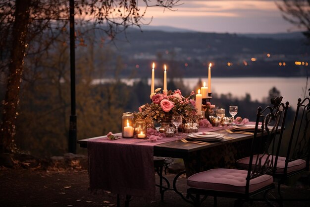 Zdjęcie serwują romantyczną kolację z widokiem na zachód słońca. na stole są świece, kwiaty i naczynia.