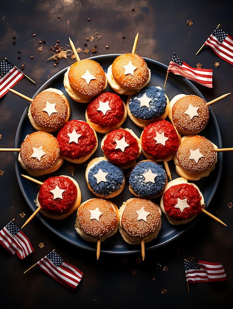 Zdjęcie sesja zdjęciowa cheeseburgera z amerykańską flagą wykałacz do zębów skewers czerwony biały topview poster festival