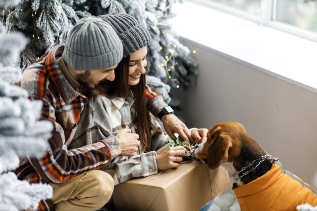 Sesja zdjęciowa w studio młodej pary Para z psem Facet z dziewczyną świętuje Boże Narodzenie Noworoczna historia miłosna