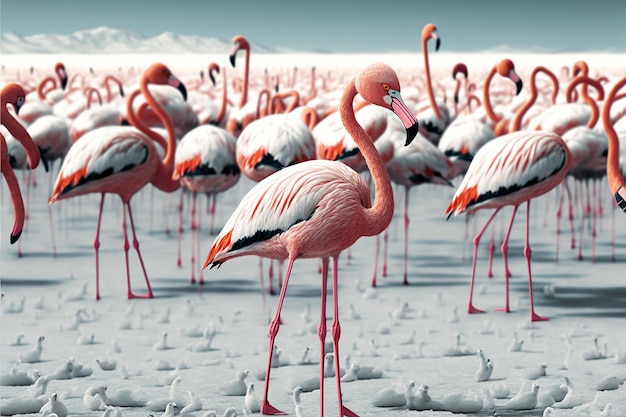 Setki różowych flamingów na białym słonym jeziorze w pustynnym krajobrazie Generative AI