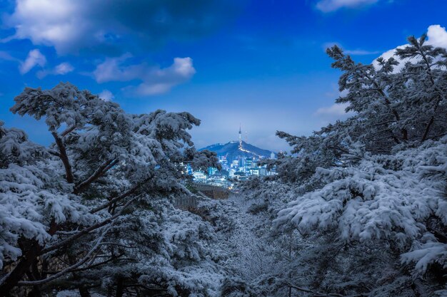 Zdjęcie seul w zimie ze śniegiem i wieżą seulu