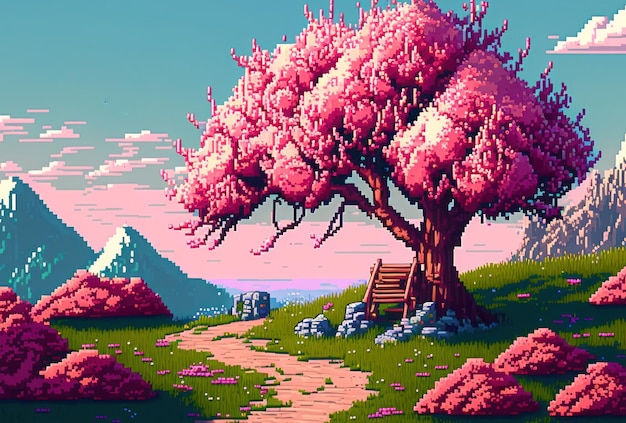Sezon wiosenny wiśniowe drzewo z pięknym krajobrazowym pikselowym stylem tła