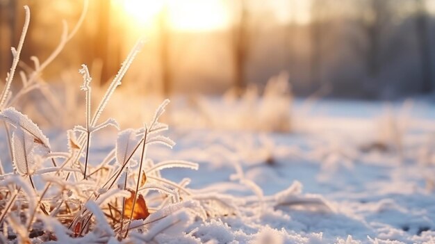 Sezon zimowy na świeżym powietrzu krajobraz zamarznięte rośliny w naturze pokryte lodem i śniegiem