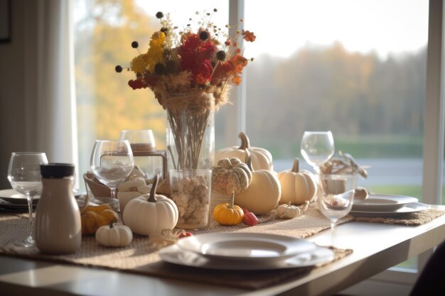 Sezonowe nakrycie stołu z dyniami i kwiatami