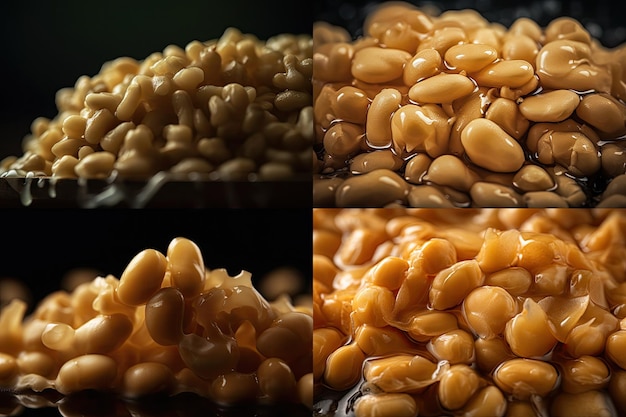Sfermentowana soja Kolaż Natto Tradycyjne zdrowe japońskie jedzenie sojowe Sfermentowana soja Zbliżenie Streszczenie Generatywna ilustracja AI