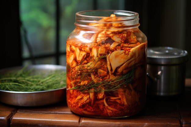 Zdjęcie sfermentowane kimchi w słoiku z unoszącą się parą