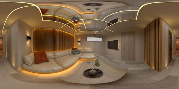 Sferyczna 360 bezszwonowa projekcja panoramiczna Wnętrze nowoczesny pokój projektowy ilustracja 3D