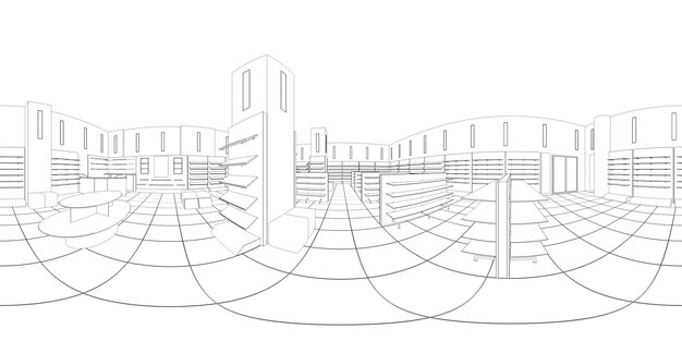 Sferyczny Render Panoramiczny Sklepu, Wizualizacja Konturu, Ilustracja 3d, Szkic, Zarys